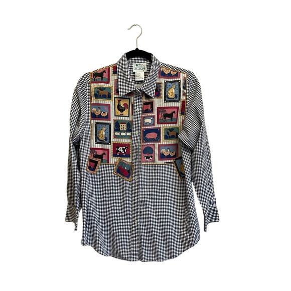 The Quacker Factory M long sleeve button down shirt gingham farm animals blue - Picture 1 of 8